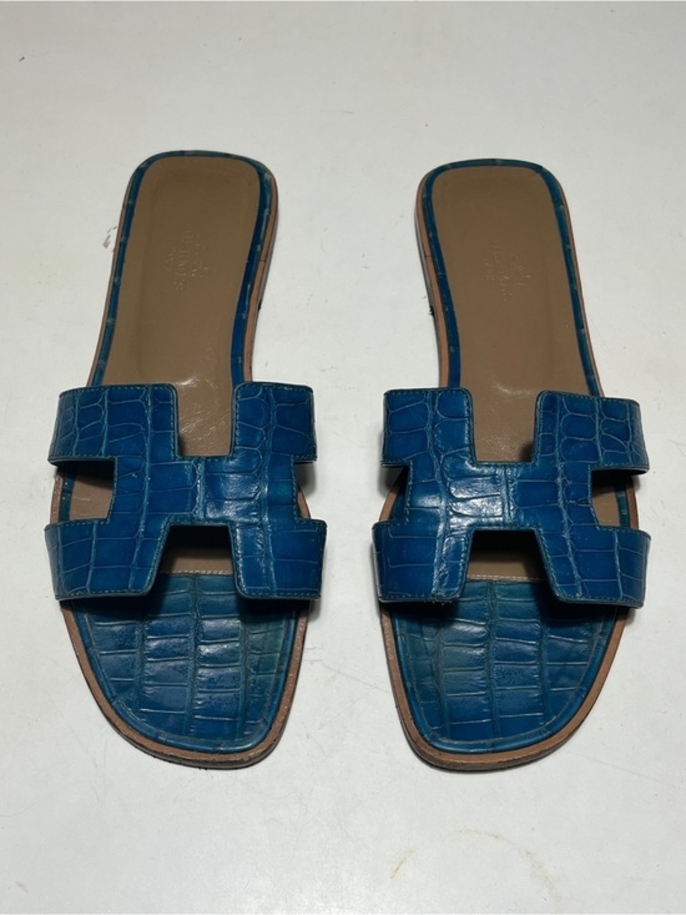 Hermes blue alligator oran croc-Embossed Slide Sandals - Women